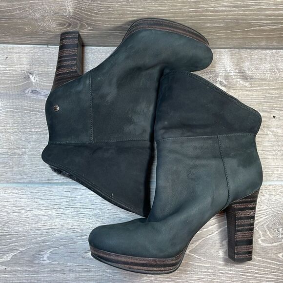Ugg Dandylion Black Leather Women’s Sz 9.5 Gray Sheepskin Fold Over 4” Heel Boot - Picture 10 of 14